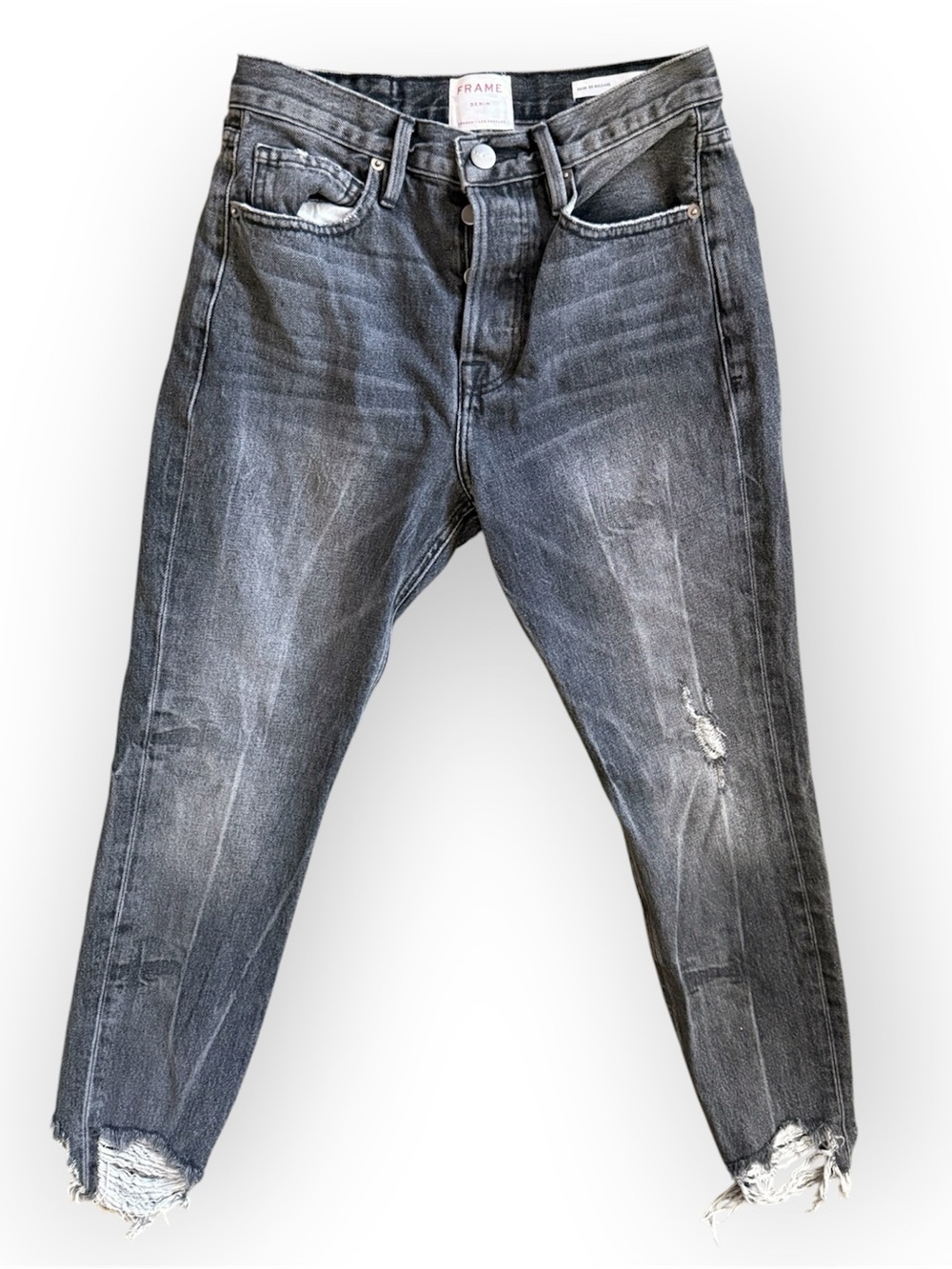 FRAME rigid re-release le original skinny black jeans distressed hem button fly